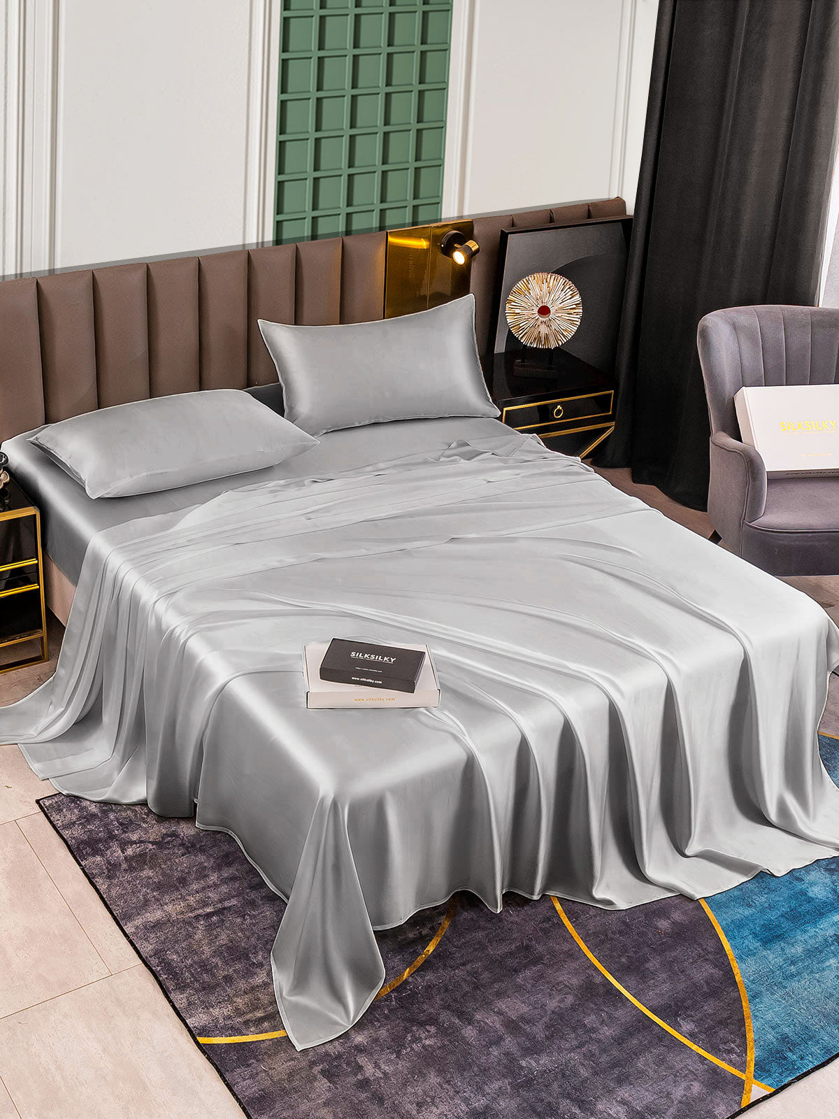[فضة] SilkSilky-SA 25Momme الحرير الخالص Bedding Set 002