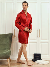 [Wine] SilkSilky Pure Silk 3/4 Sleeve Mens Robe 004