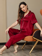 [خمر] SilkSilky-SA الأكمام القصيرة طوق ذو فتحة طقم بيجامة نسائي 003