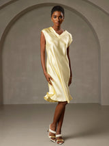 [أصفر] SilkSilky-SA Cap Sleeve V Neck فساتين نسائية 001