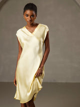 [أصفر] SilkSilky-SA Cap Sleeve V Neck فساتين نسائية 003