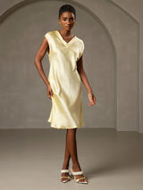 [أصفر] SilkSilky-SA Cap Sleeve V Neck فساتين نسائية 005