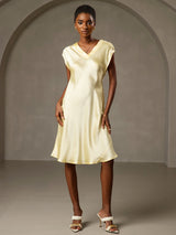 [أصفر] SilkSilky-SA Cap Sleeve V Neck فساتين نسائية 006