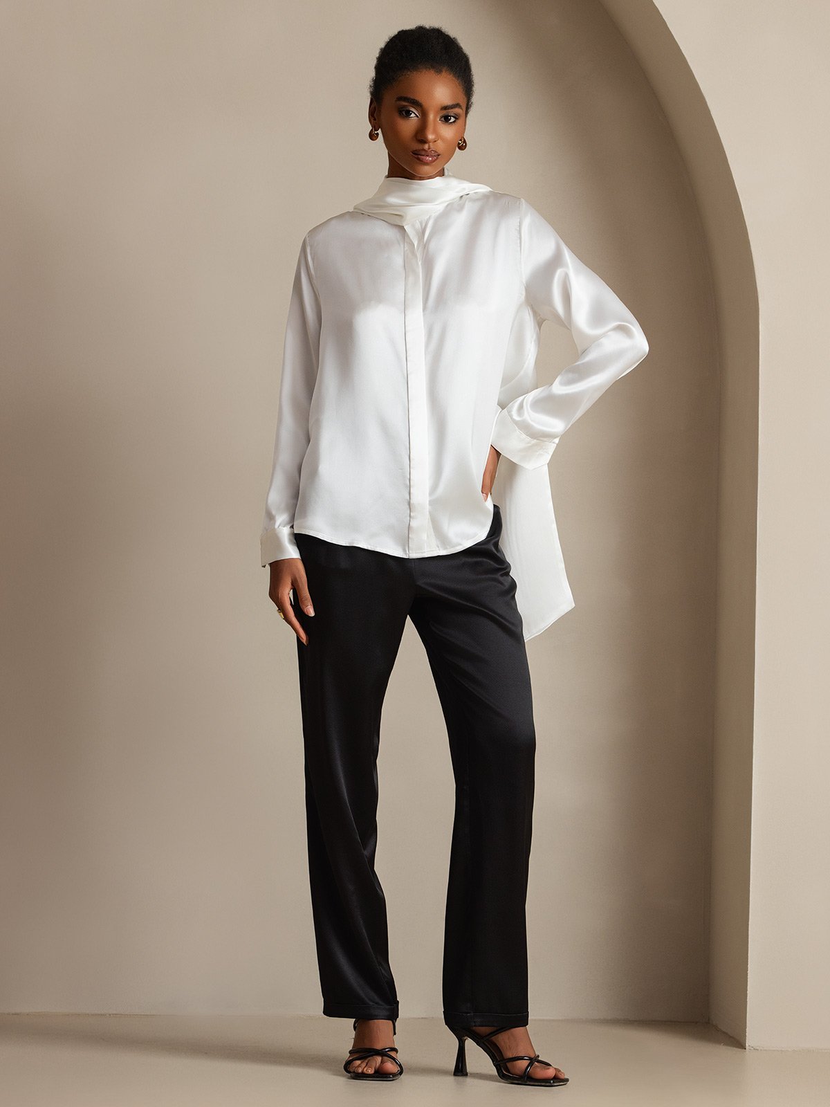 [أبيض] SilkSilky-SA 19Momme الحرير الأكمام الطويلة تعادل الرقبة بلوزة 006