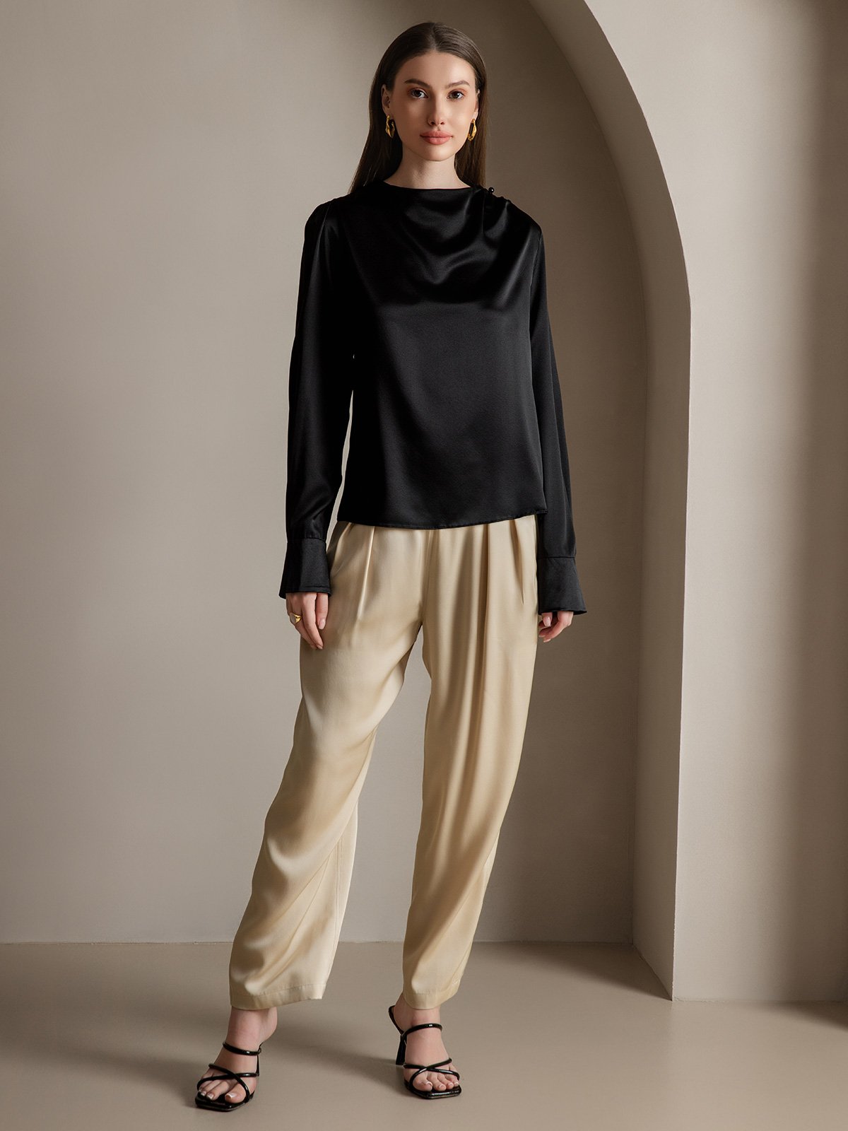 [أسود] SilkSilky-SA 19Momme الحرير Womens Shirt 008