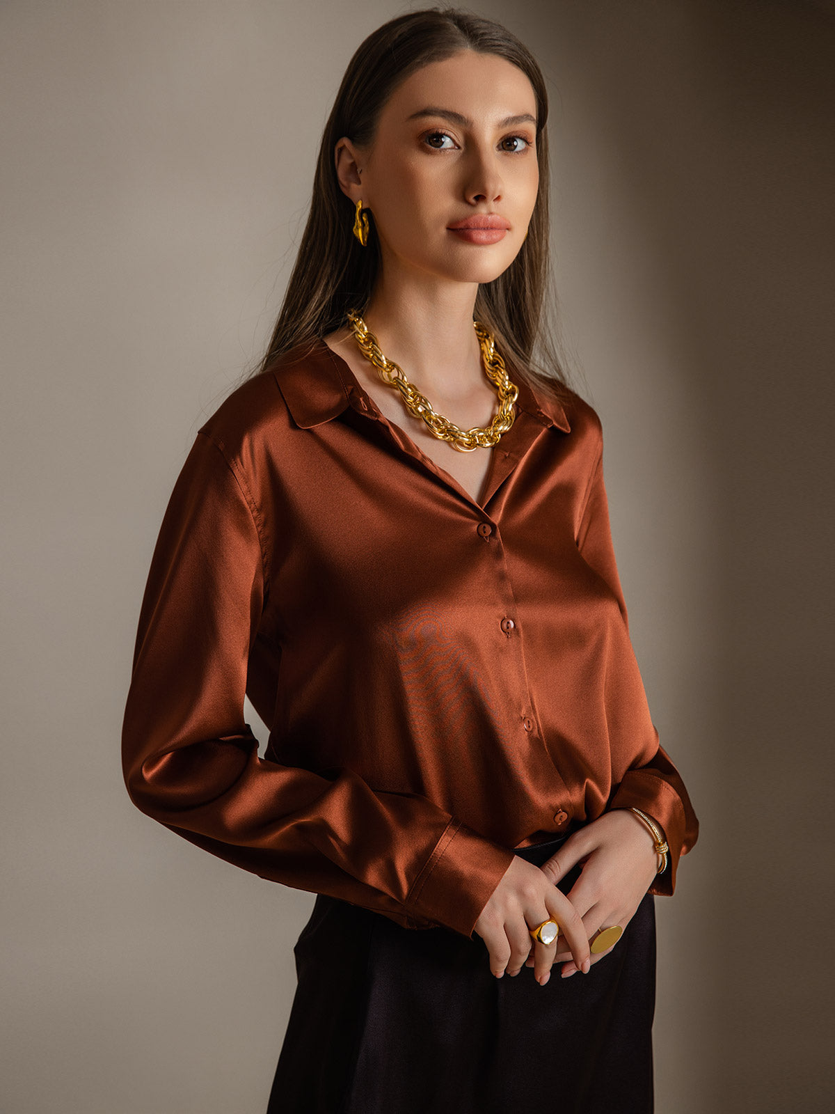 [قهوة] SilkSilky-SA الحرير Lapel Collar بلايز نسائية 003