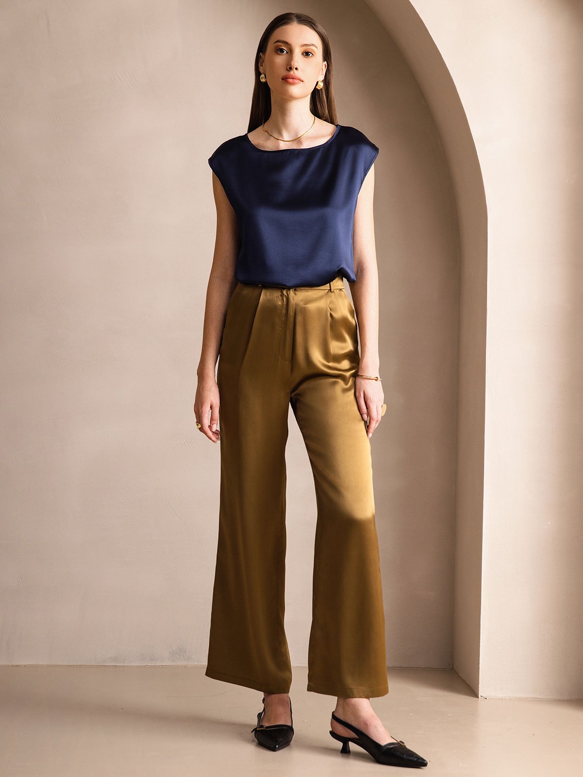 [أزرق غامق] SilkSilky-SA 19Momme الحرير رقبة مستديرة تي شيرت نسائية 004,