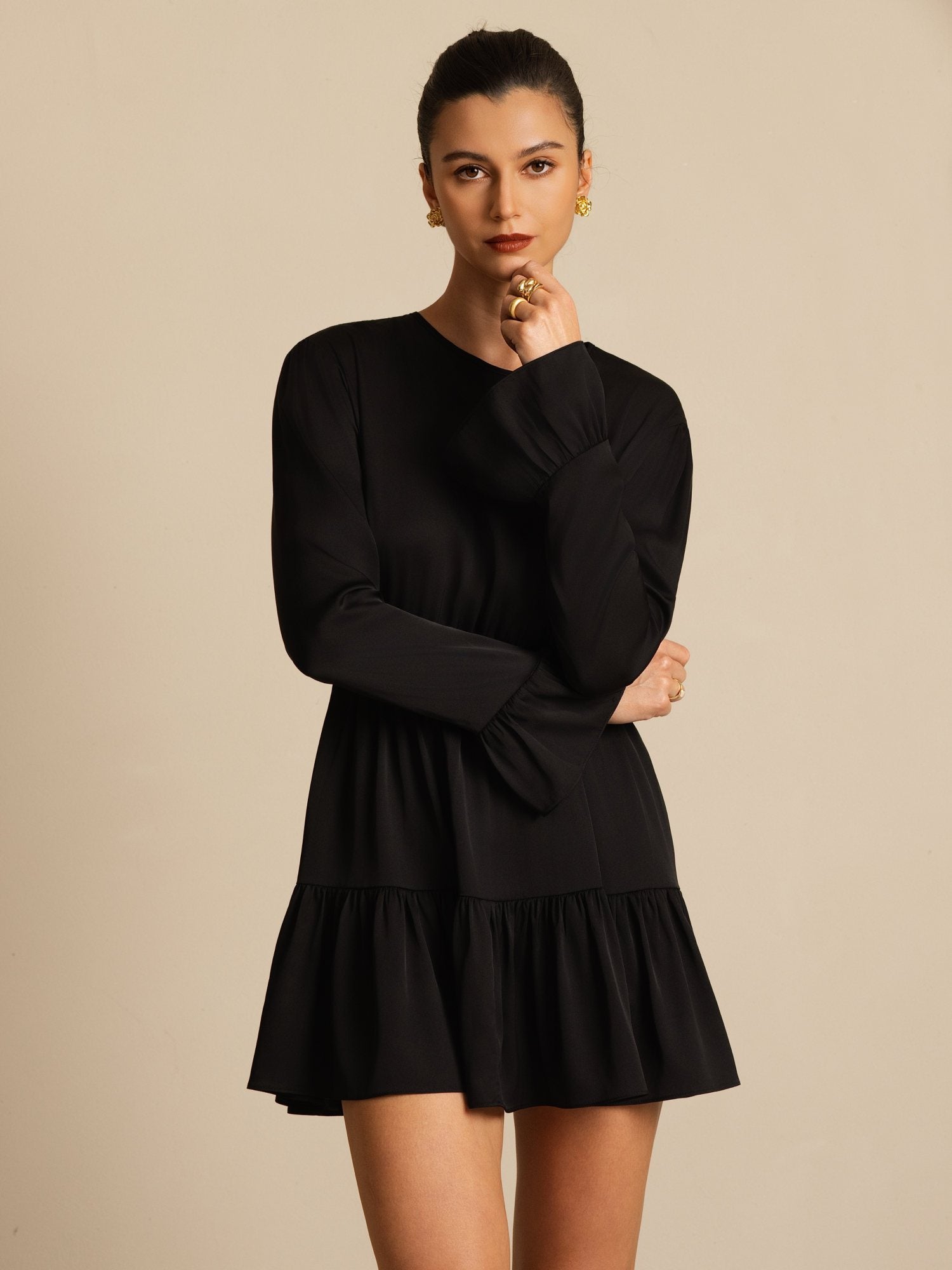 [أسود] SilkSilky-SA 19Momme الحرير الأكمام الطويلة رقبة مستديرة فساتين نسائية 006