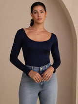 [أزرق غامق] SilkSilky-SA Long Sleeve رقبة على شكل حرف U تي شيرت نسائية 003