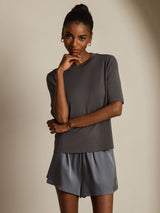 [رمادي] SilkSilky-SA Half Sleeve Crew Neck تي شيرت نسائية 005