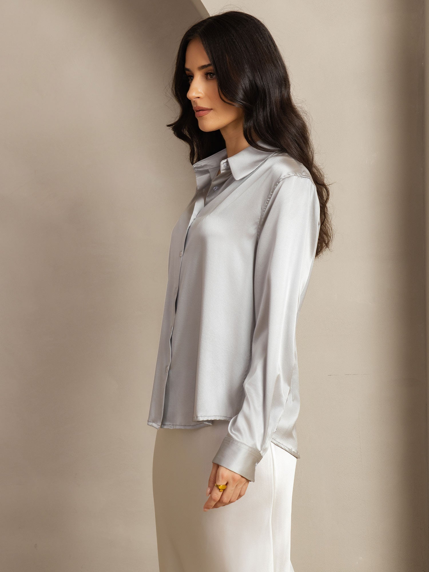 [رمادي فاتح] SilkSilky-SA الحرير Lapel Collar بلايز نسائية 002