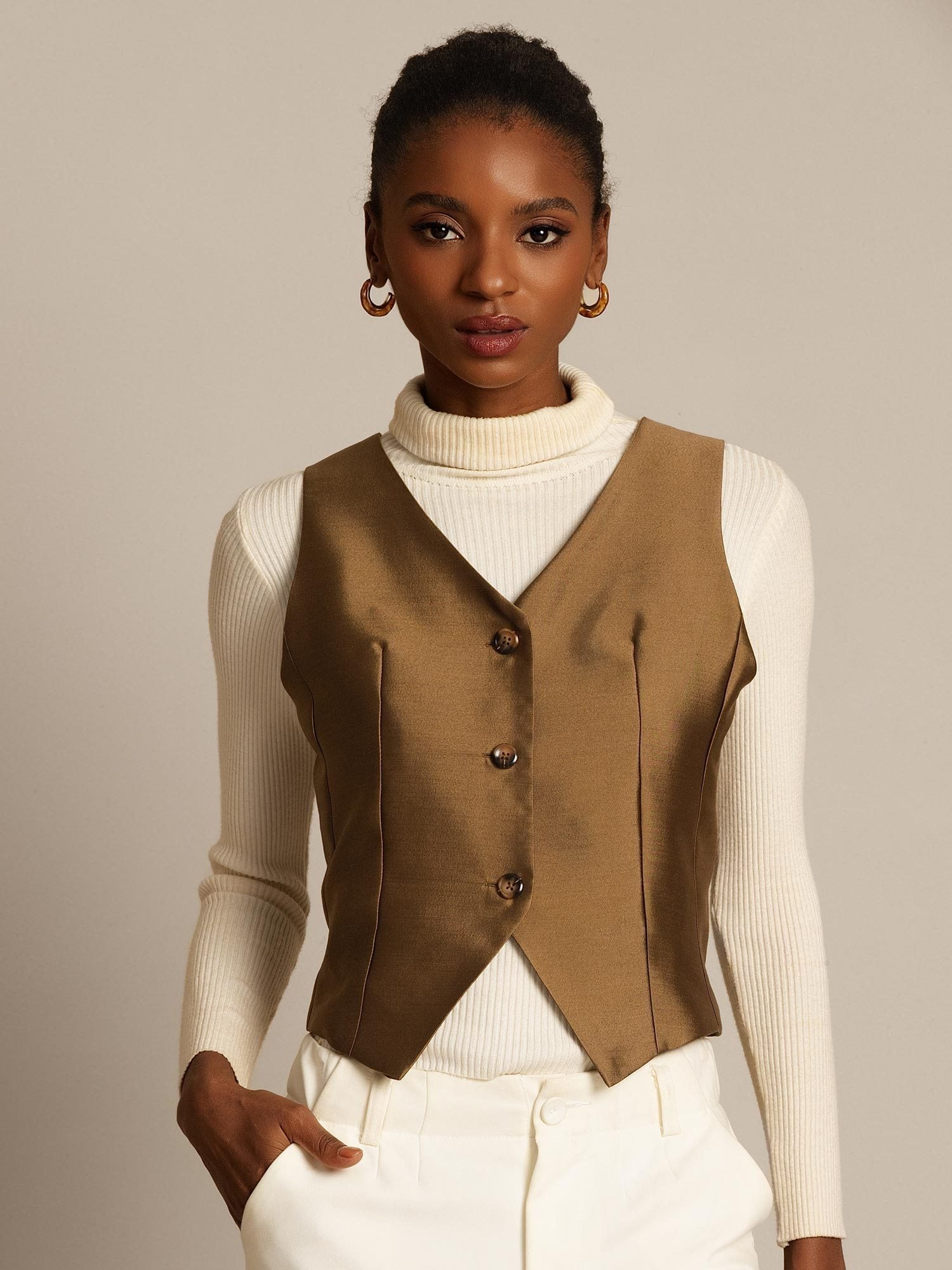 [برونزي] SilkSilky-SA 32Momme الحرير رقبة على شكل حرف V سترة نسائية 002,