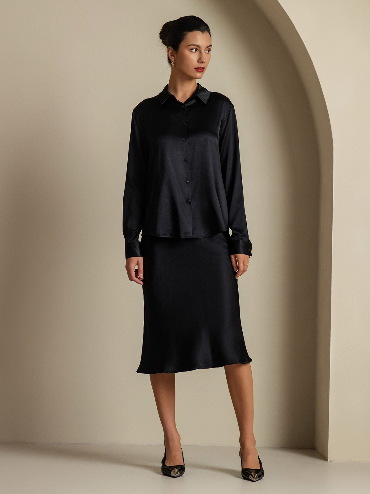 [أسود] SilkSilky-SA 19Momme الحرير Lapel Collar Women''s Outfit Sets 006,