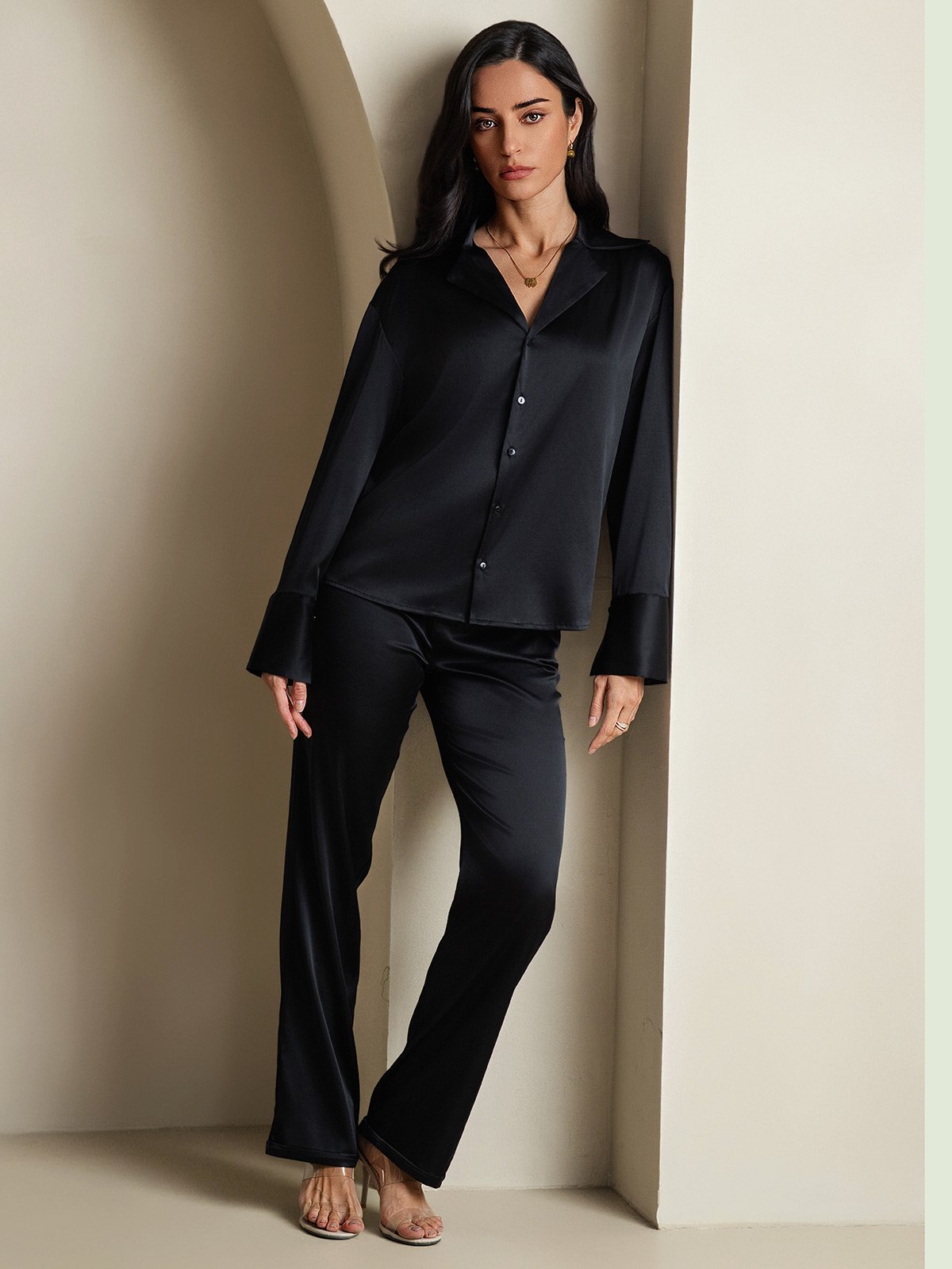 [أسود] SilkSilky-SA 19Momme الحرير Notch Collar بلايز نسائية 008