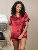 [خمر] SilkSilky-SA Short Sleeve Lapel Collar طقم بيجامة نسائي 003