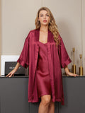 SilkSilky SA الحرير الخالص أكمام بثلاثة أرباع الأطوال Nightgown&Robe Set خمر 001