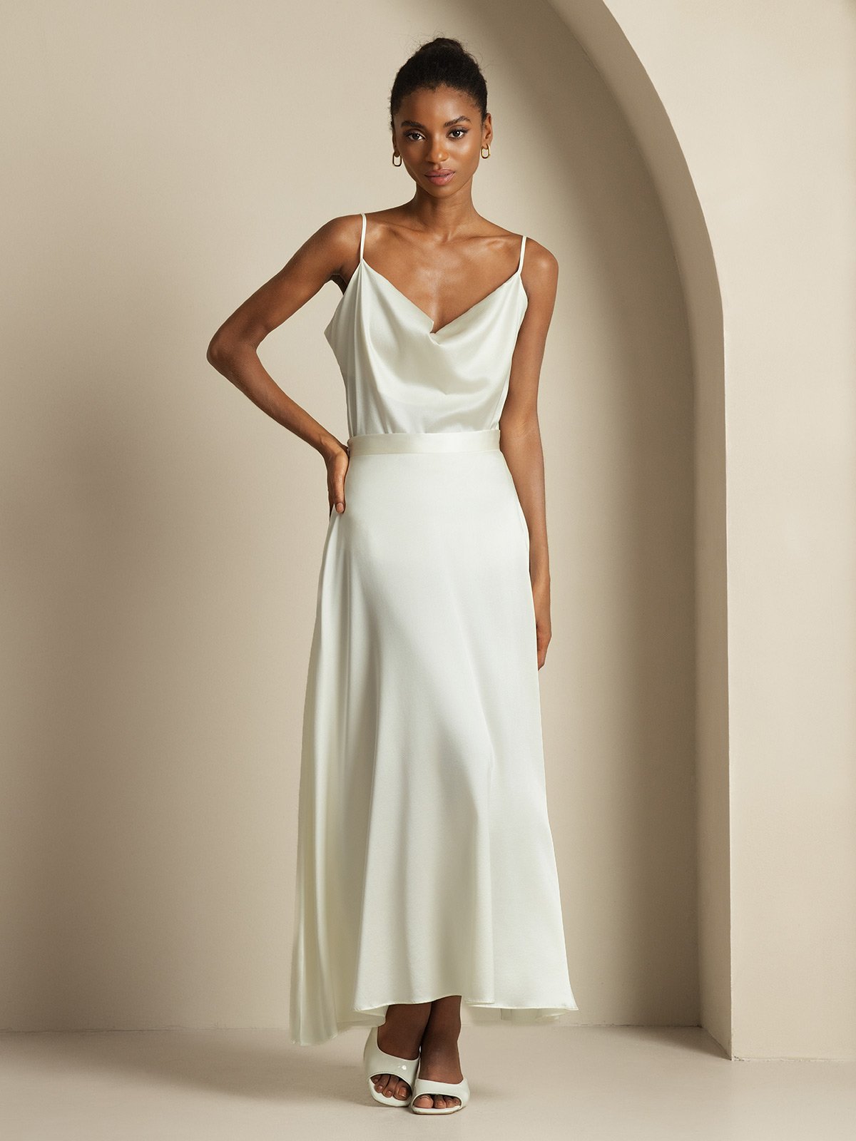 [أبيض] SilkSilky-SA 19Momme الحرير فتحة عنق بثنيات ملفوفة Women''s Outfit Sets 003,