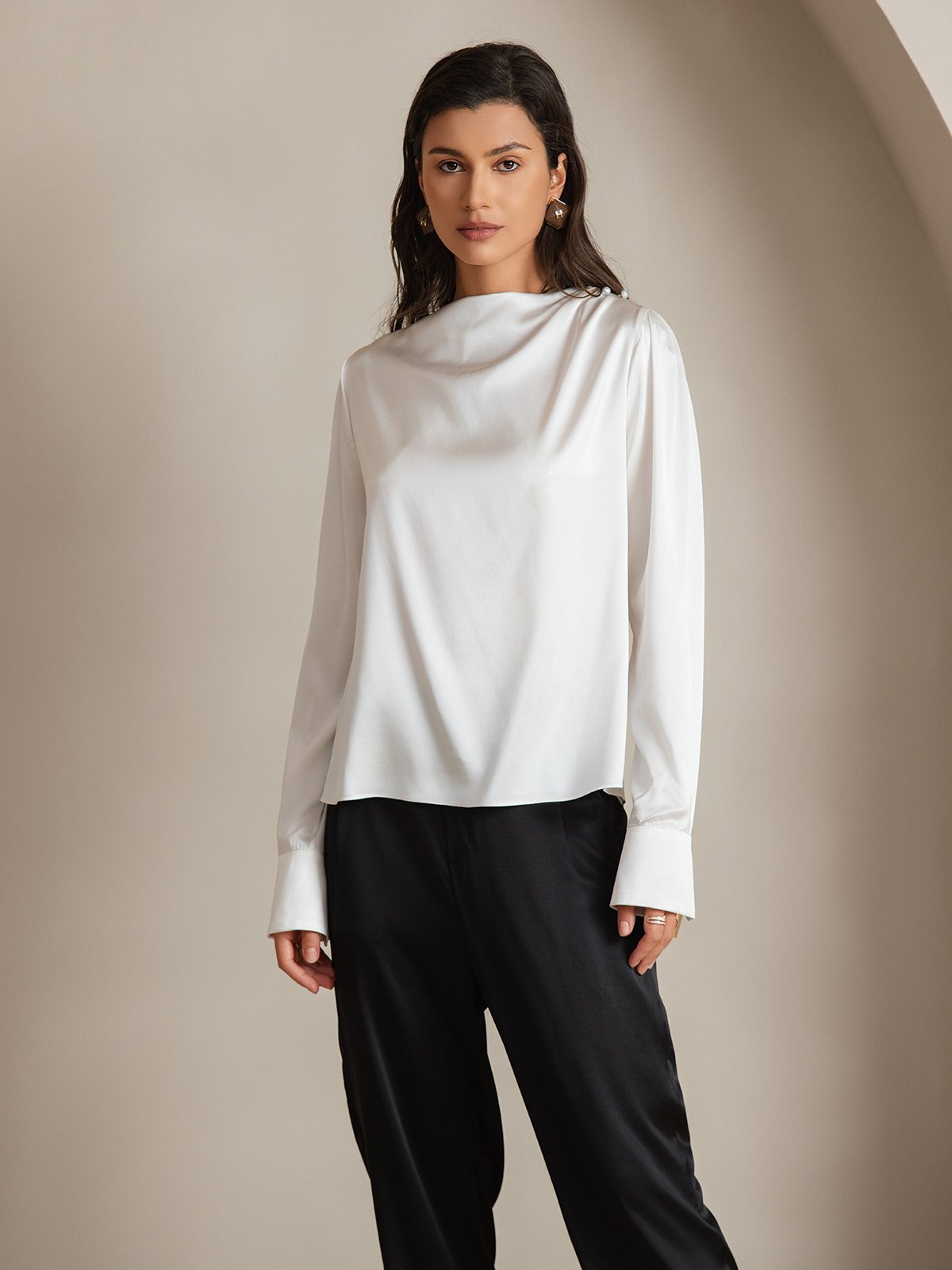 [أبيض] SilkSilky-SA 19Momme الحرير Womens Shirt 001