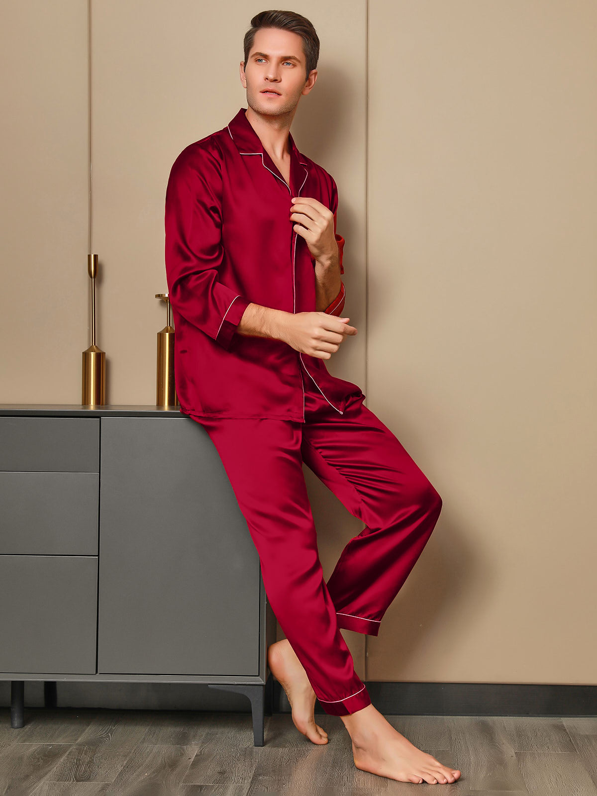 [أحمر] SilkSilky-SA 19Momme الحرير الخالص Mens Pajamas 004