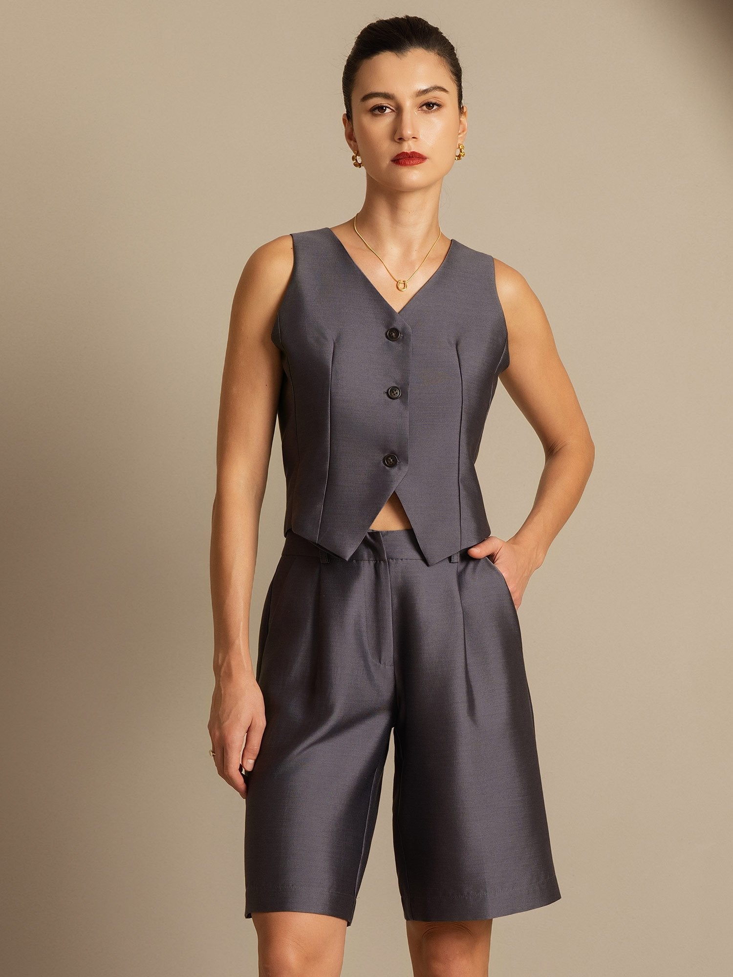 [رمادي] SilkSilky-SA 32Momme الحرير رقبة على شكل حرف V سترة نسائية 006,