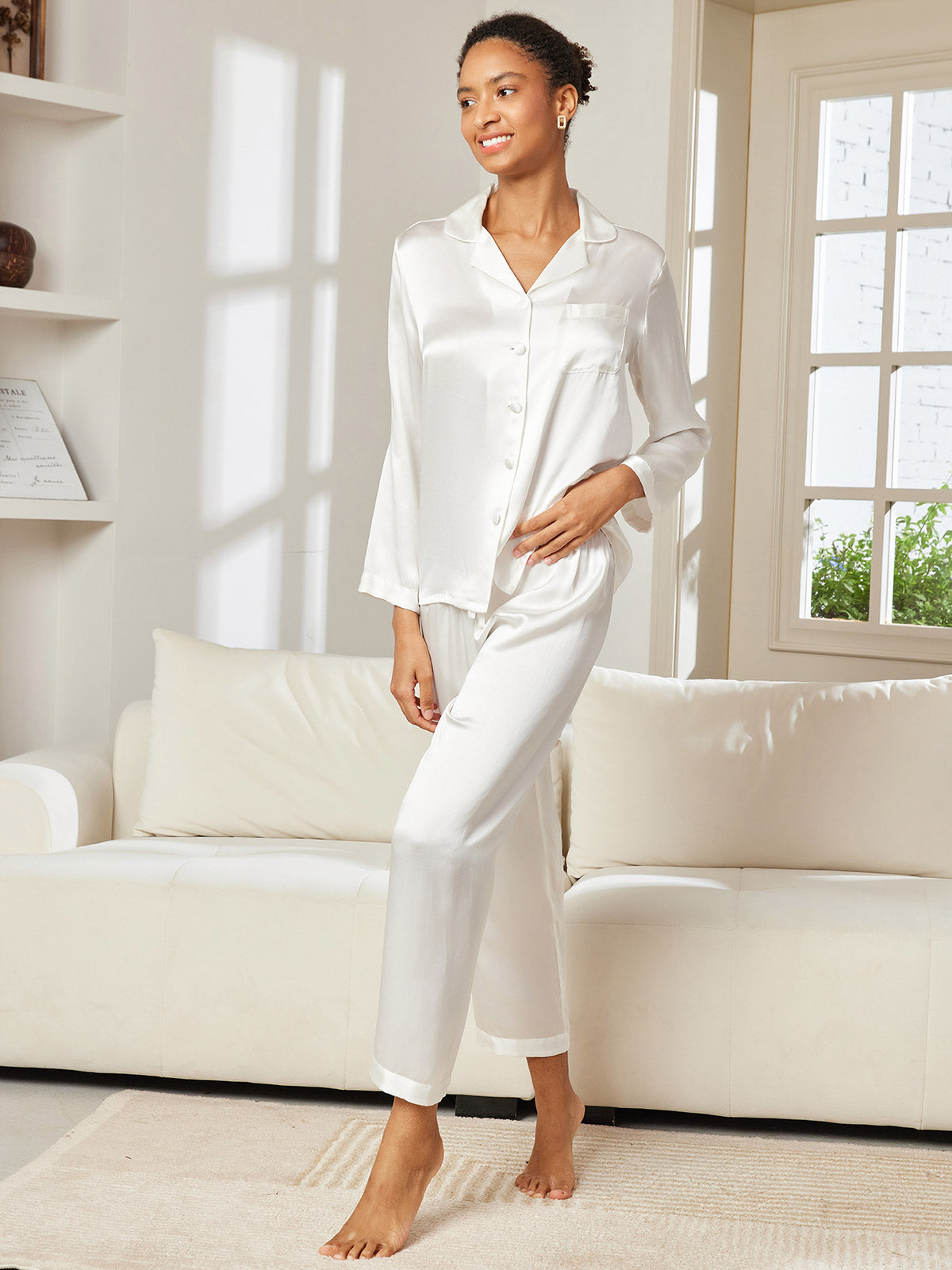 [أبيض] SilkSilky-SA الحرير الخالص Womens Pajamas 004