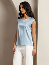 [أزرق رمادي] SilkSilky-SA Cap Sleeve Round Neck تي شيرت نسائية 005
