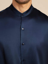 [أزرق غامق] SilkSilky-SA Long Sleeve Stand Collar قميص رجالي 007