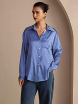 [مقلم دقيق أزرق] SilkSilky-SA Long Sleeve Lapel Collar بلايز نسائية 004