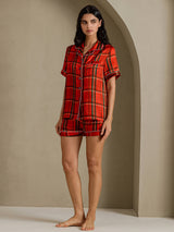 [مربعات حمراء] SilkSilky-SA Short Sleeve Notch Collar طقم بيجامة نسائي 006