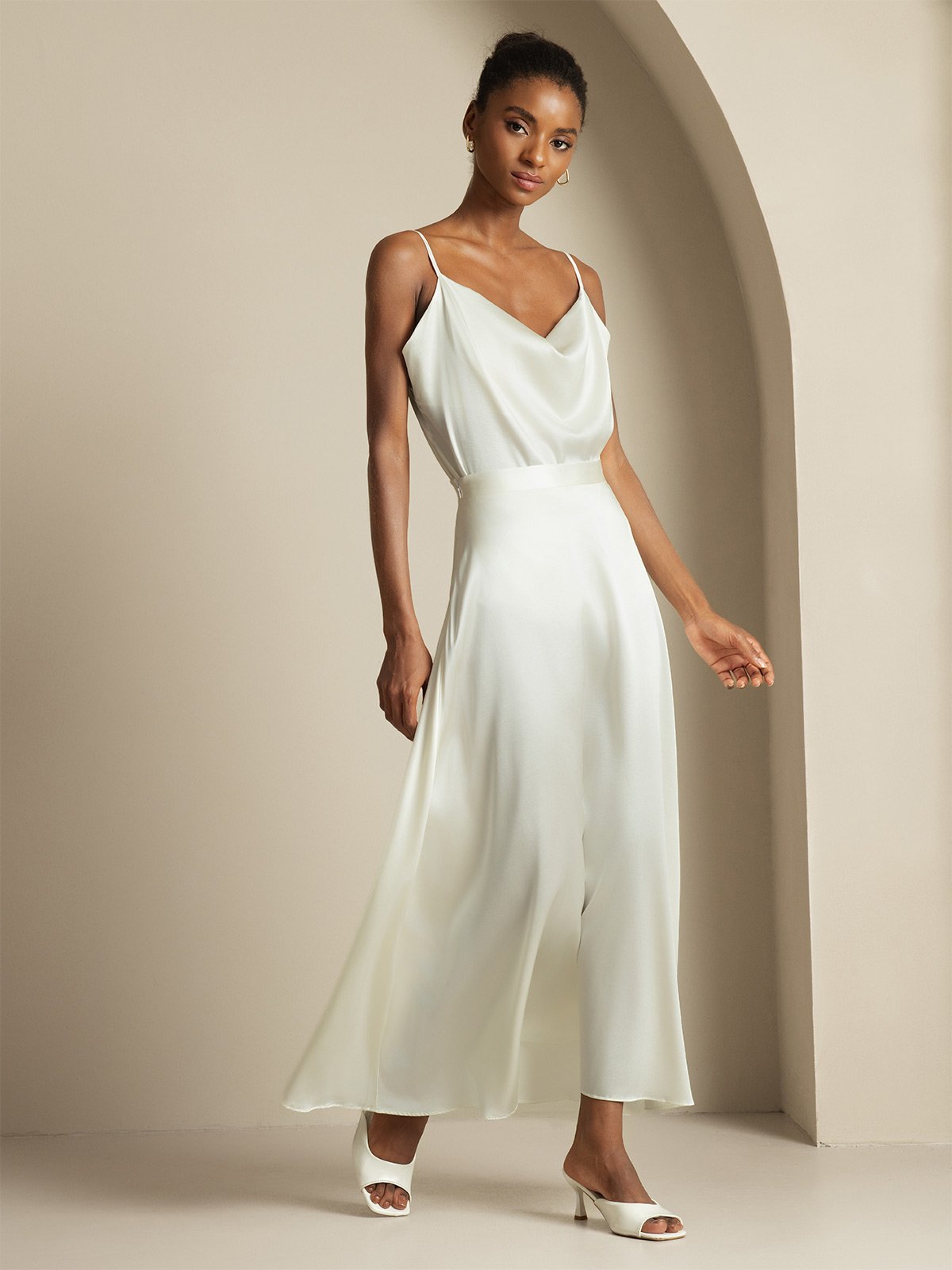 [أبيض] SilkSilky-SA 19Momme الحرير فتحة عنق بثنيات ملفوفة Women''s Outfit Sets 004,