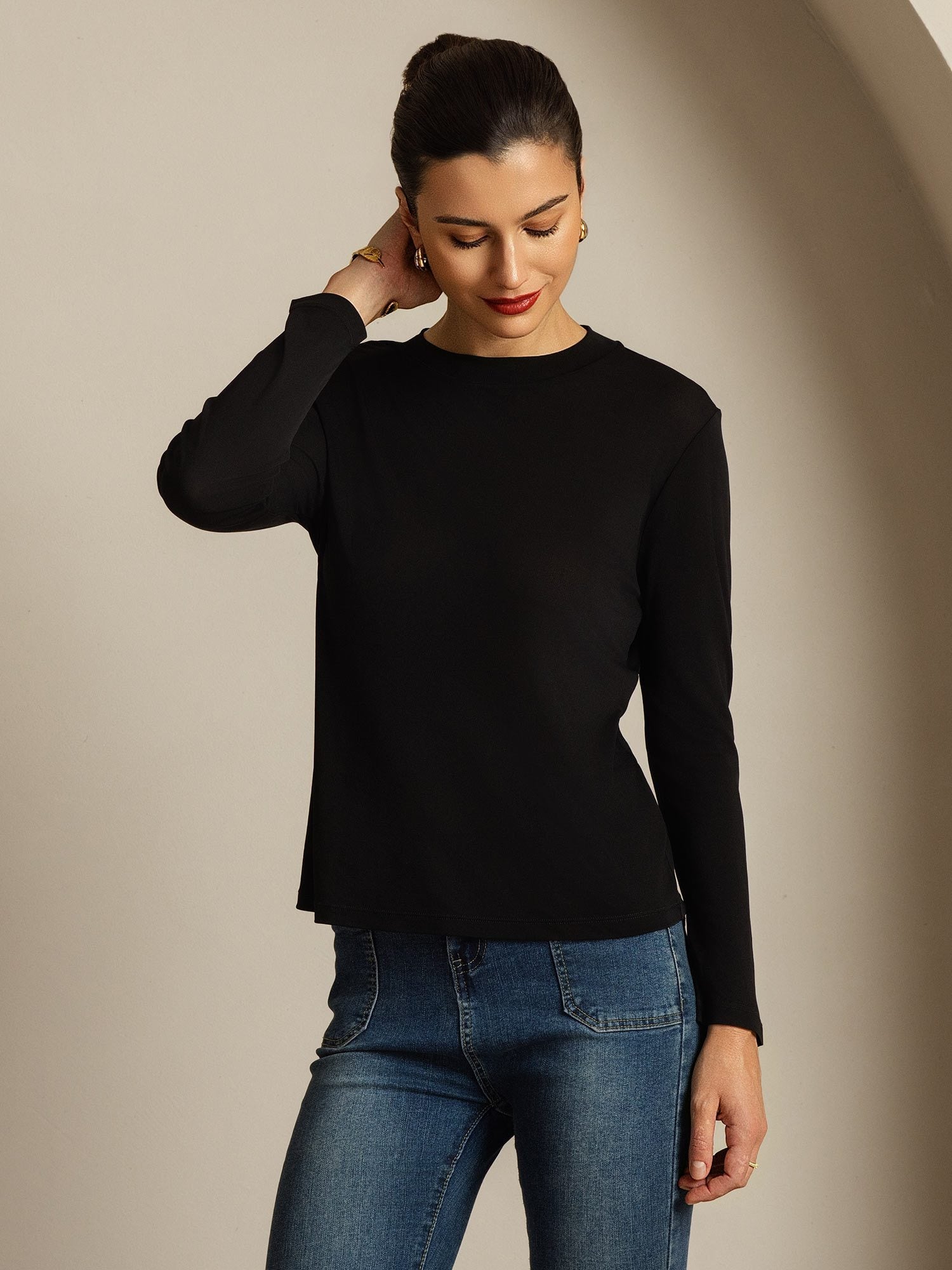 [أسود] SilkSilky-SA الحرير الخالص Womens T-Shirt 007