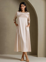 [اللون البيج] SilkSilky-SA 3/4 Sleeve Round Neck فساتين نسائية 001