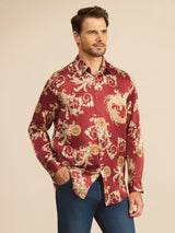[تنين بلون النبيذ] SilkSilky-SA Long Sleeve Lapel Collar قميص رجالي 001