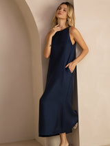 [أزرق غامق] SilkSilky-SA Sleeveless Crew Neck فساتين نسائية 007