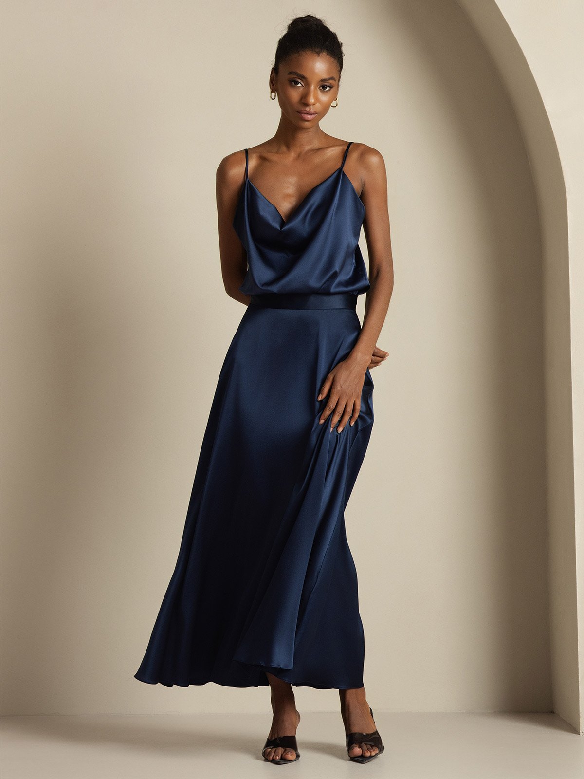 [أزرق غامق] SilkSilky-SA 19Momme الحرير فتحة عنق بثنيات ملفوفة Women''s Outfit Sets 004,