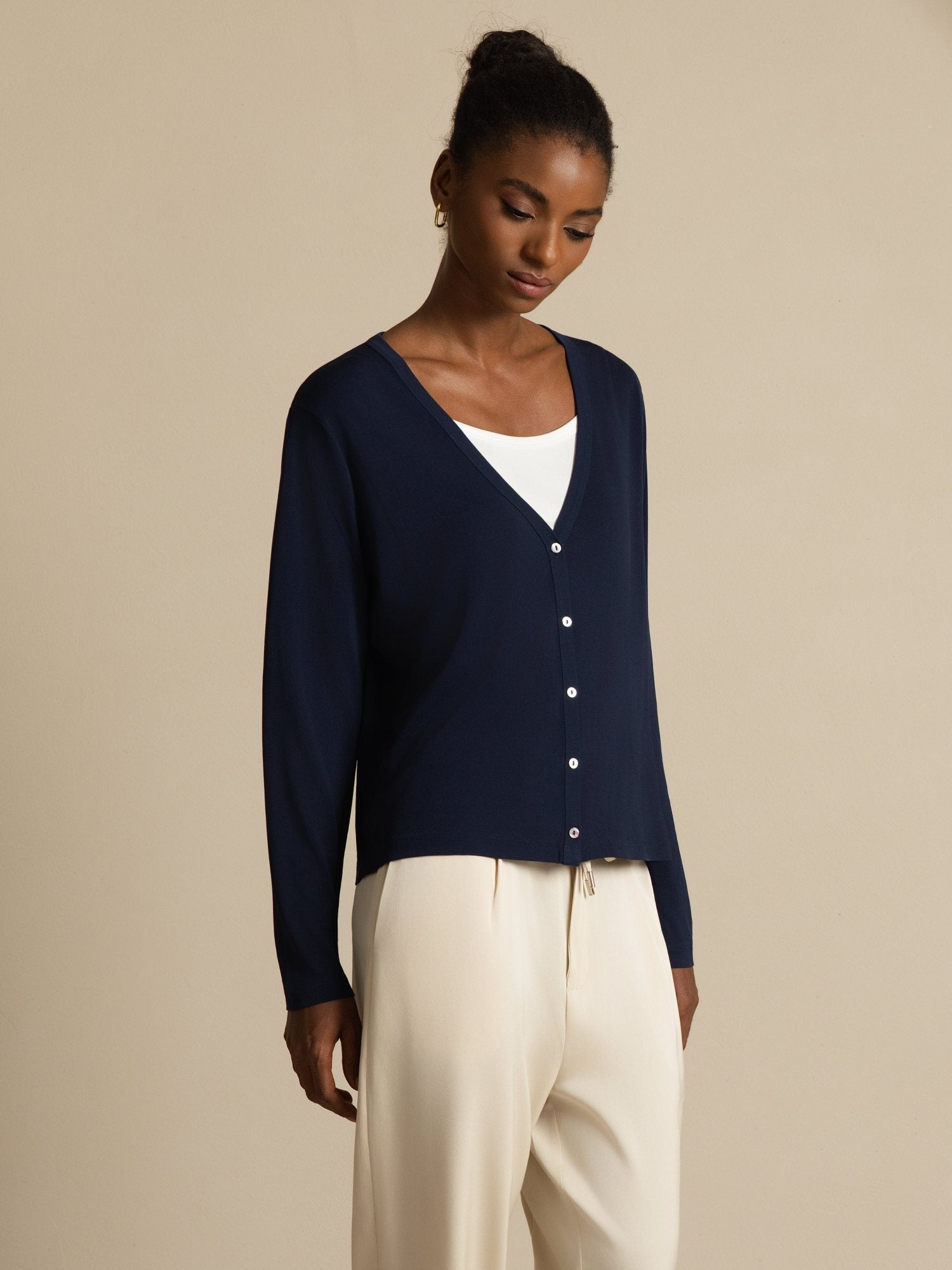 [أزرق غامق] SilkSilky-SA Long Sleeve كارديجان نسائي 001