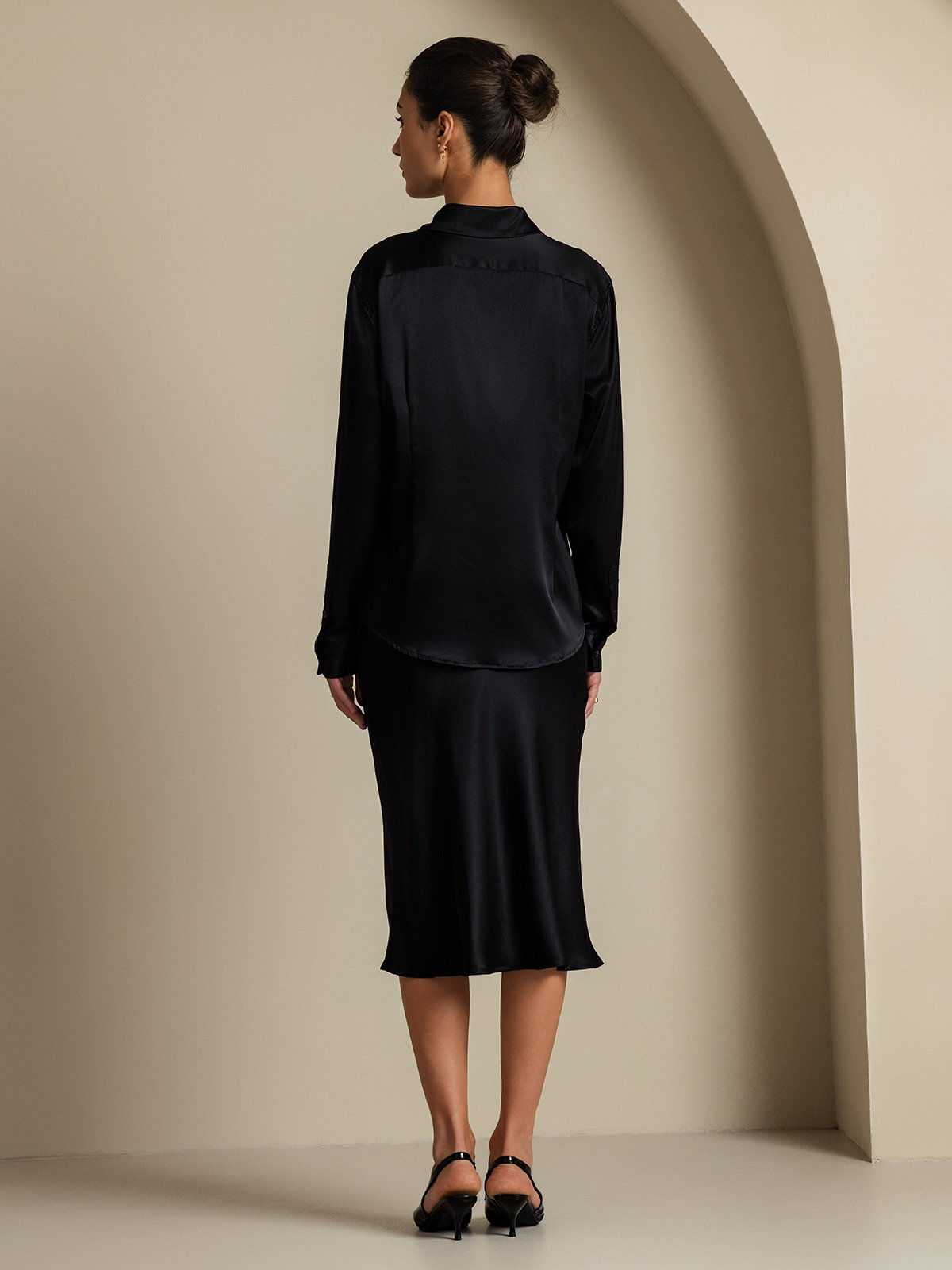 [أسود] SilkSilky-SA 19Momme الحرير Lapel Collar Women''s Outfit Sets 002,