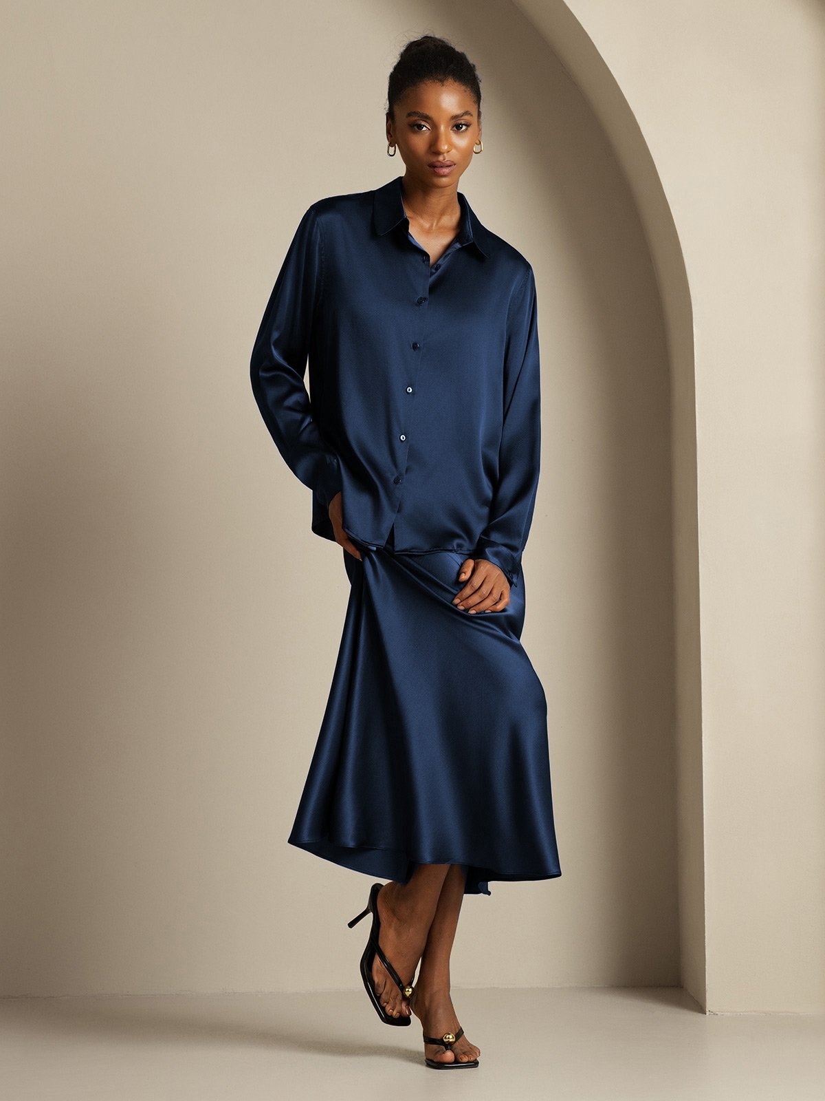 [أزرق غامق] SilkSilky-SA 19Momme الحرير Lapel Collar Women''s Outfit Sets 003,