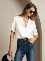 [عاج] SilkSilky-SA Short Sleeve Notch Collar بلايز نسائية 006