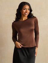 [قهوة] SilkSilky-SA Long Sleeve Crew Neck تي شيرت نسائية 001