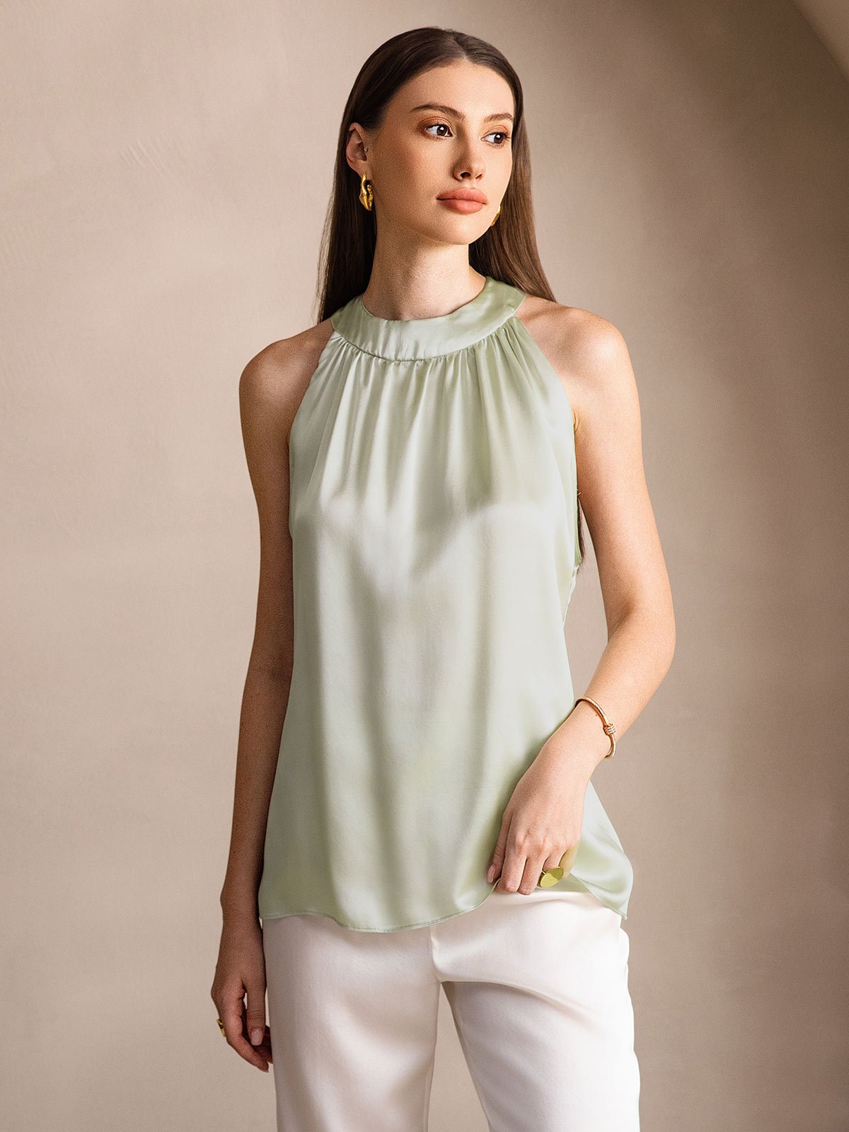 [اخضر فاتح] SilkSilky-SA 19Momme الحرير Womens T-Shirt 001