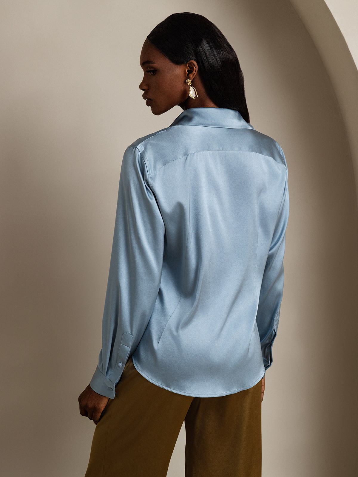 [أزرق رمادي] SilkSilky-SA الحرير Lapel Collar بلايز نسائية 002