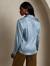 [أزرق رمادي] SilkSilky-SA Long Sleeve Lapel Collar بلايز نسائية 002
