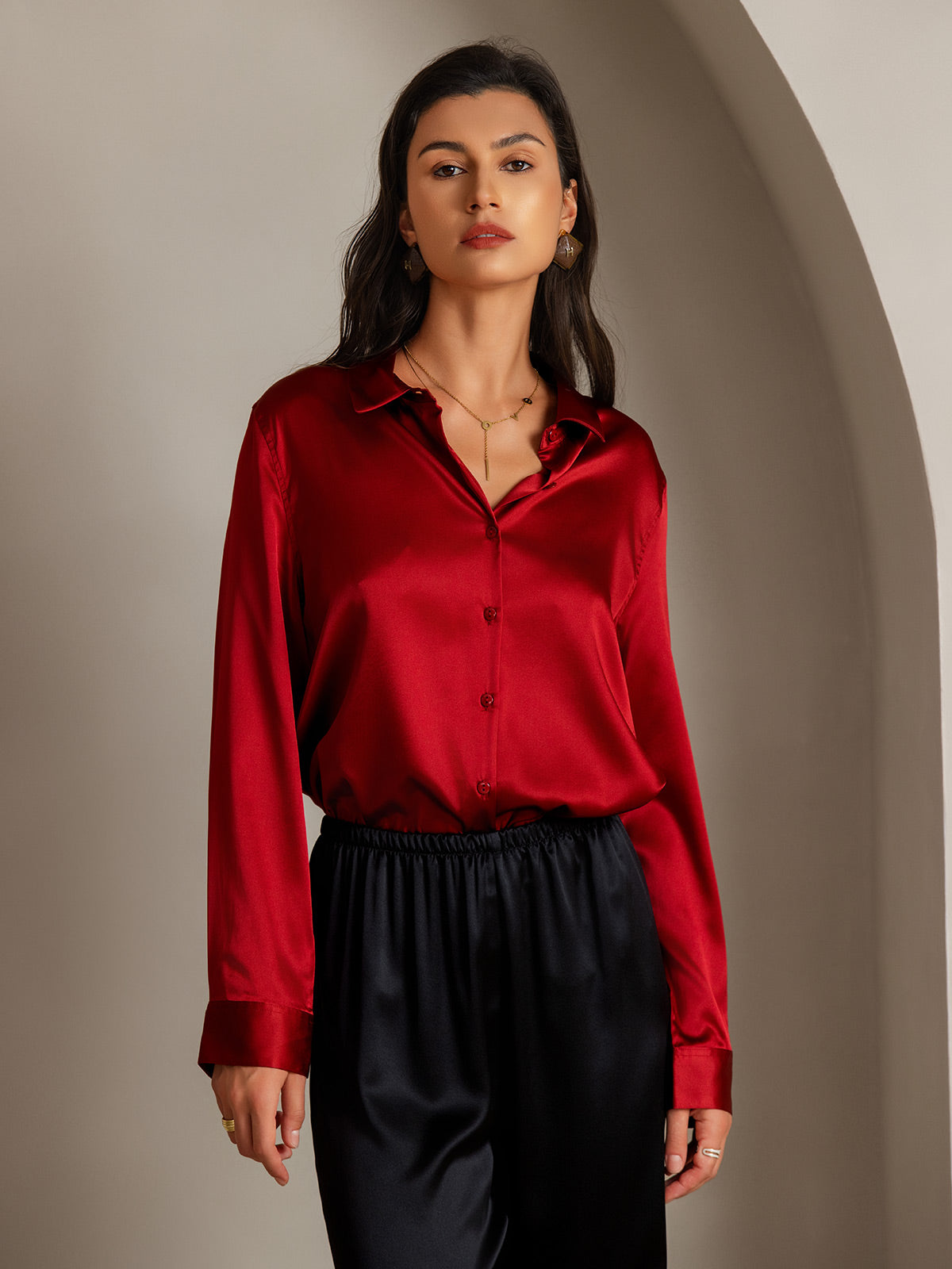 [أحمر] SilkSilky-SA الحرير Lapel Collar بلايز نسائية 001