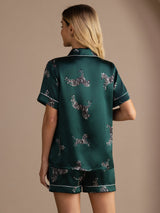 [حمار وحشي زمردي] SilkSilky-SA Short Sleeve Lapel Collar طقم بيجامة نسائي 002