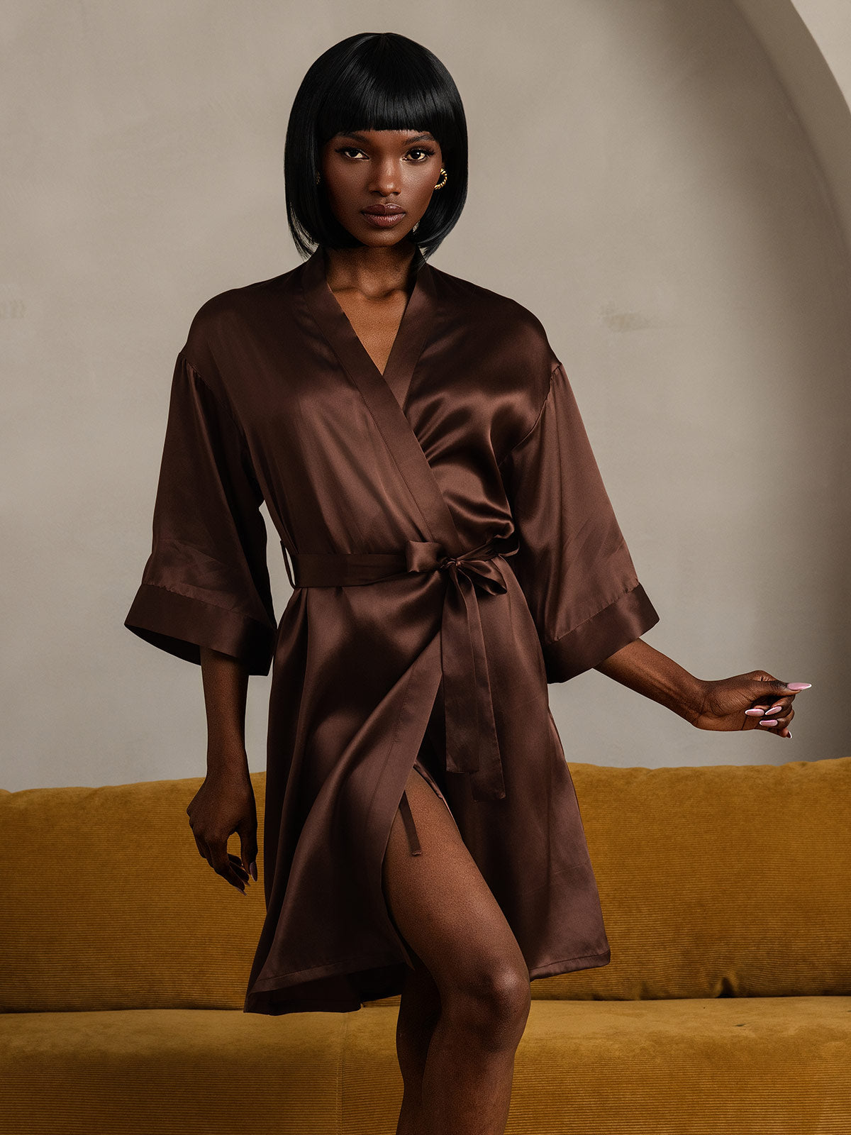 [قهوة] SilkSilky-SA الحرير الخالص Womens Robe 007