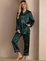 [حمار وحشي زمردي] SilkSilky-SA Long Sleeve Lapel Collar طقم بيجامة نسائي 005