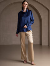 [أزرق غامق] SilkSilky-SA Long Sleeve Lapel Collar بلايز نسائية 007
