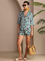[نباتي تركوازي] SilkSilky-SA Short Sleeve Notch Collar طقم بيجامة نسائي 005