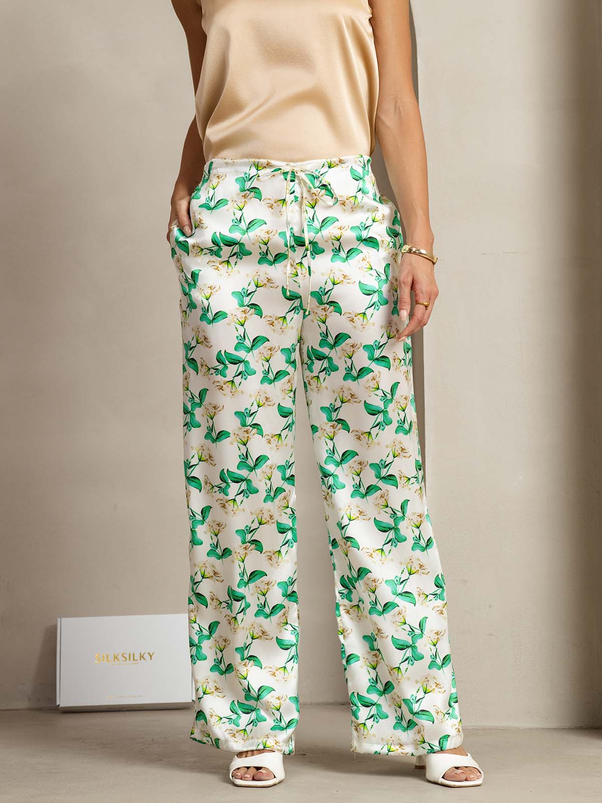 [زهري أخضر] SilkSilky-SA 19Momme الحرير Womens Pants 003